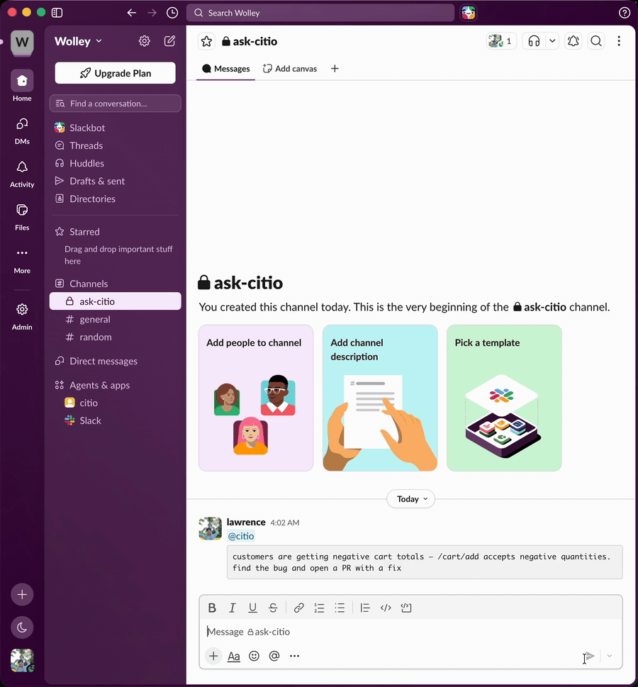 A Slack message reporting negative cart totals; Citio investigates the logs, runs the tests, and replies with an opened pull request