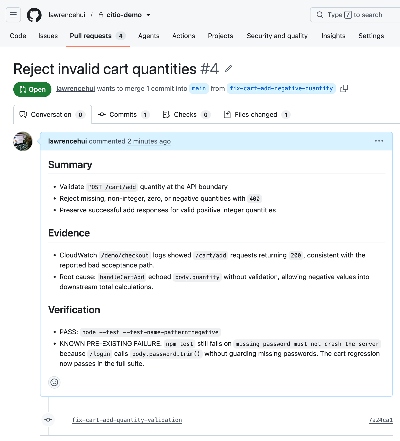 The pull request Citio opened: summary, evidence from CloudWatch logs, and test verification, including an honestly-flagged pre-existing failure